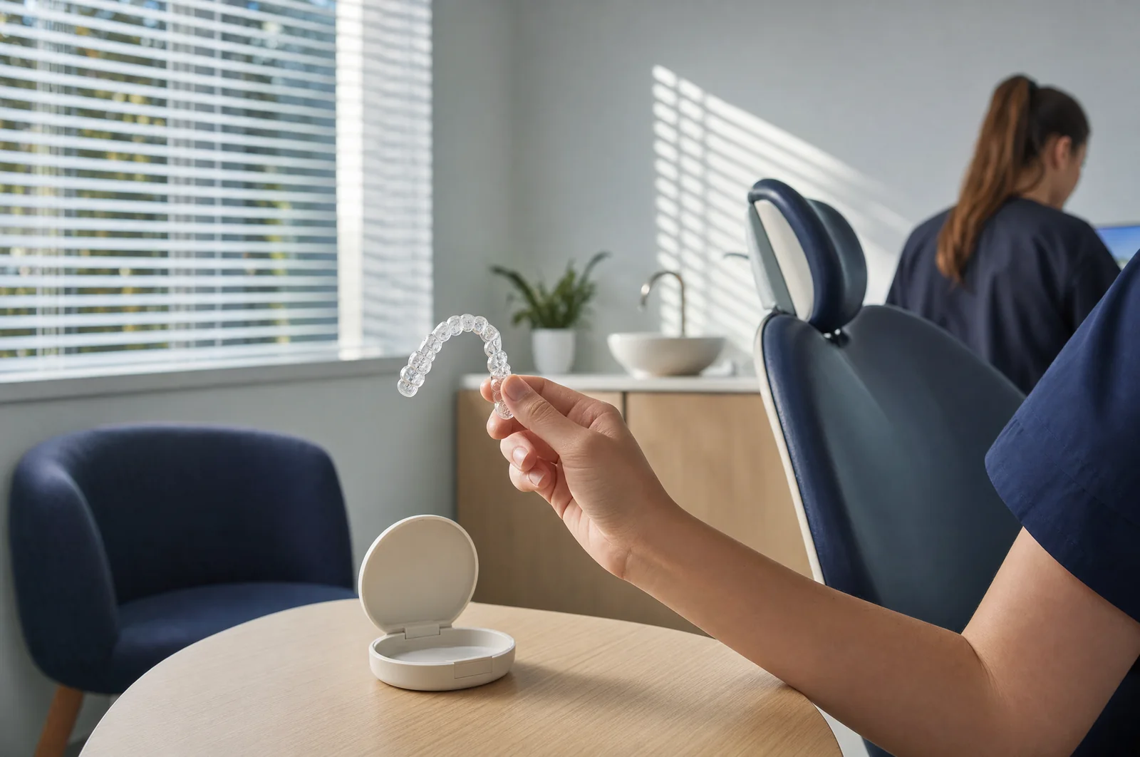Illustrative close-up: a hand holds a clear removable aligner up to the window light beside its small white case.