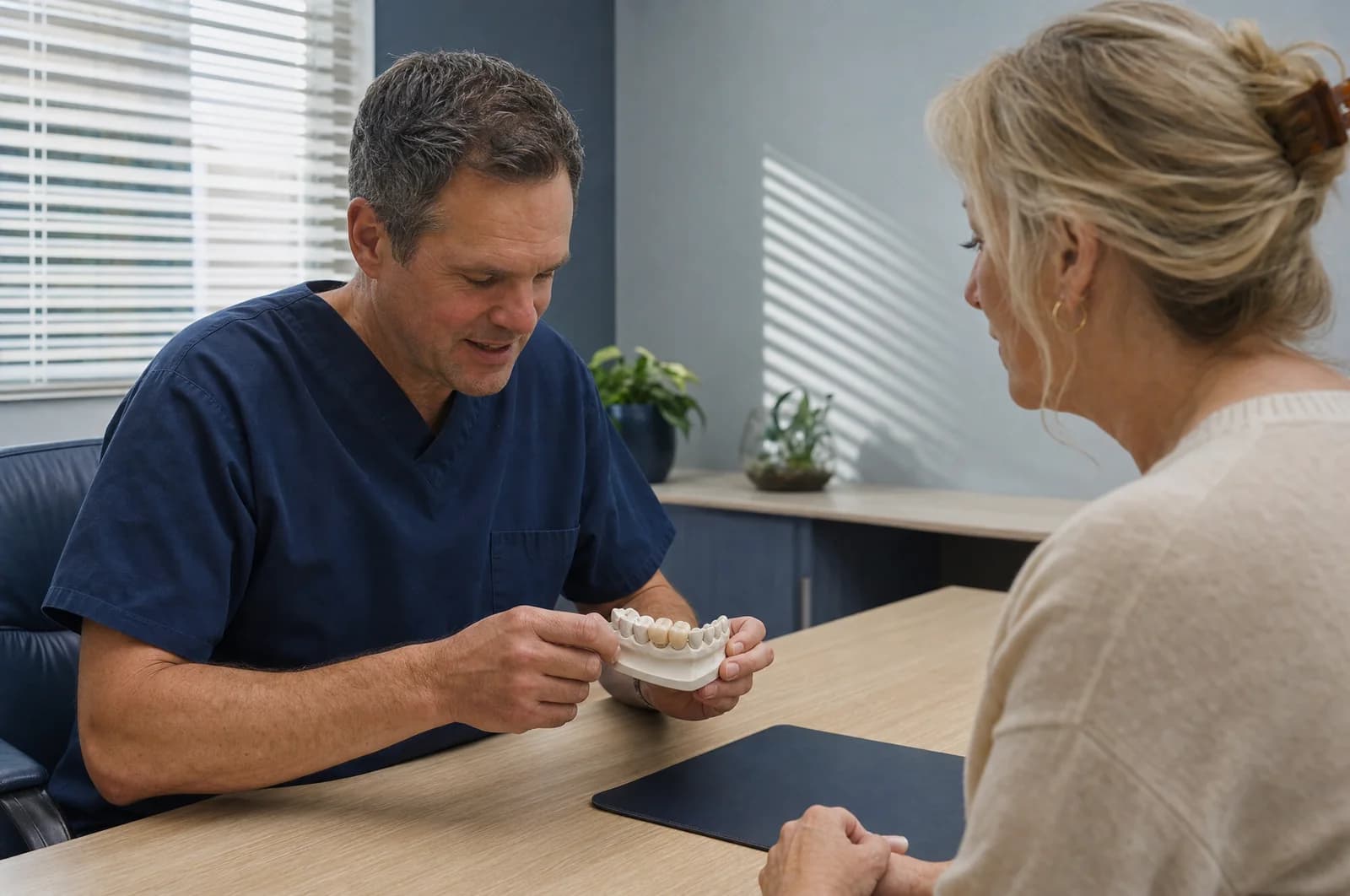 Illustrative scene: a dentist at an oak table shows a woman in her sixties a stone model of a lower jaw with three joined replacement teeth.