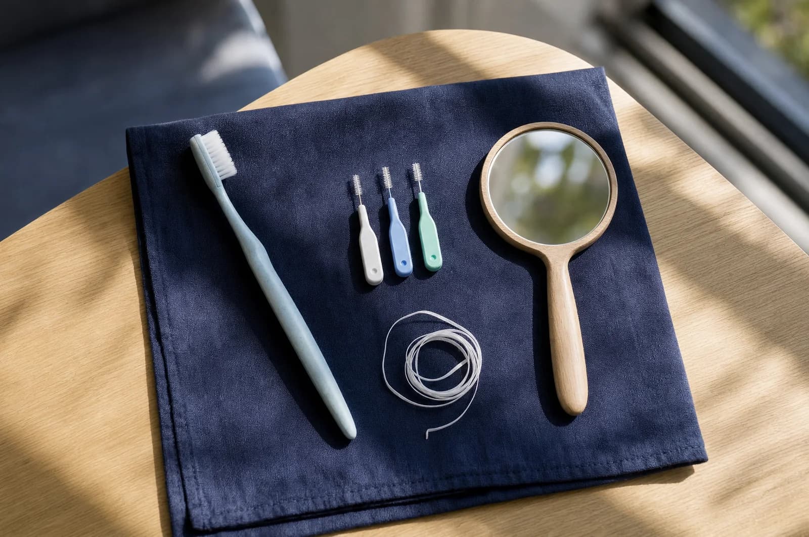 Illustrative still life: a soft toothbrush, three small interdental brushes, a coil of floss and a hand mirror laid out on a navy cloth on an oak table.