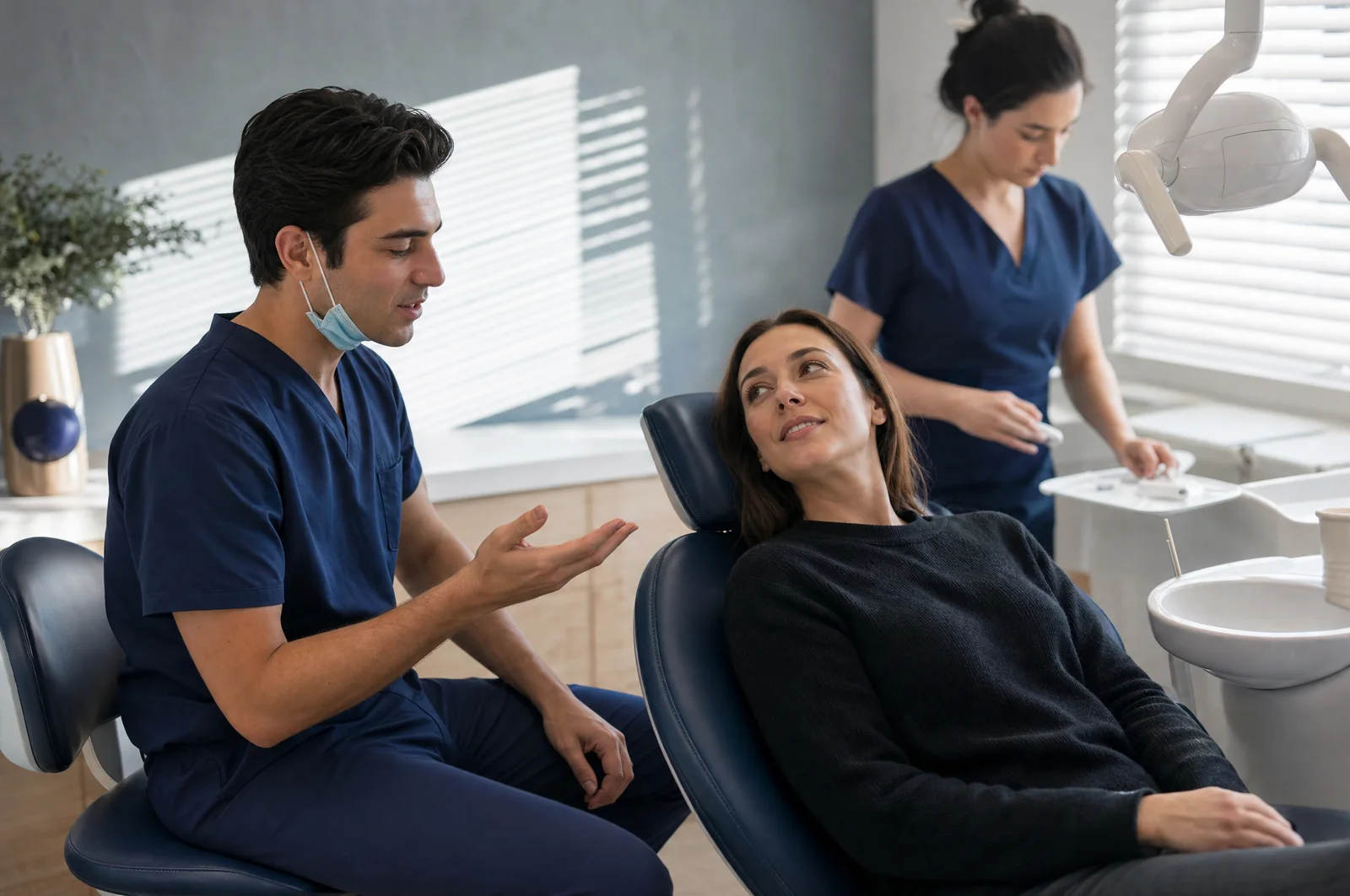 Illustrative scene: a dentist in navy scrubs, seated, explains something to a woman reclining in a navy dental chair while a nurse prepares a tray.