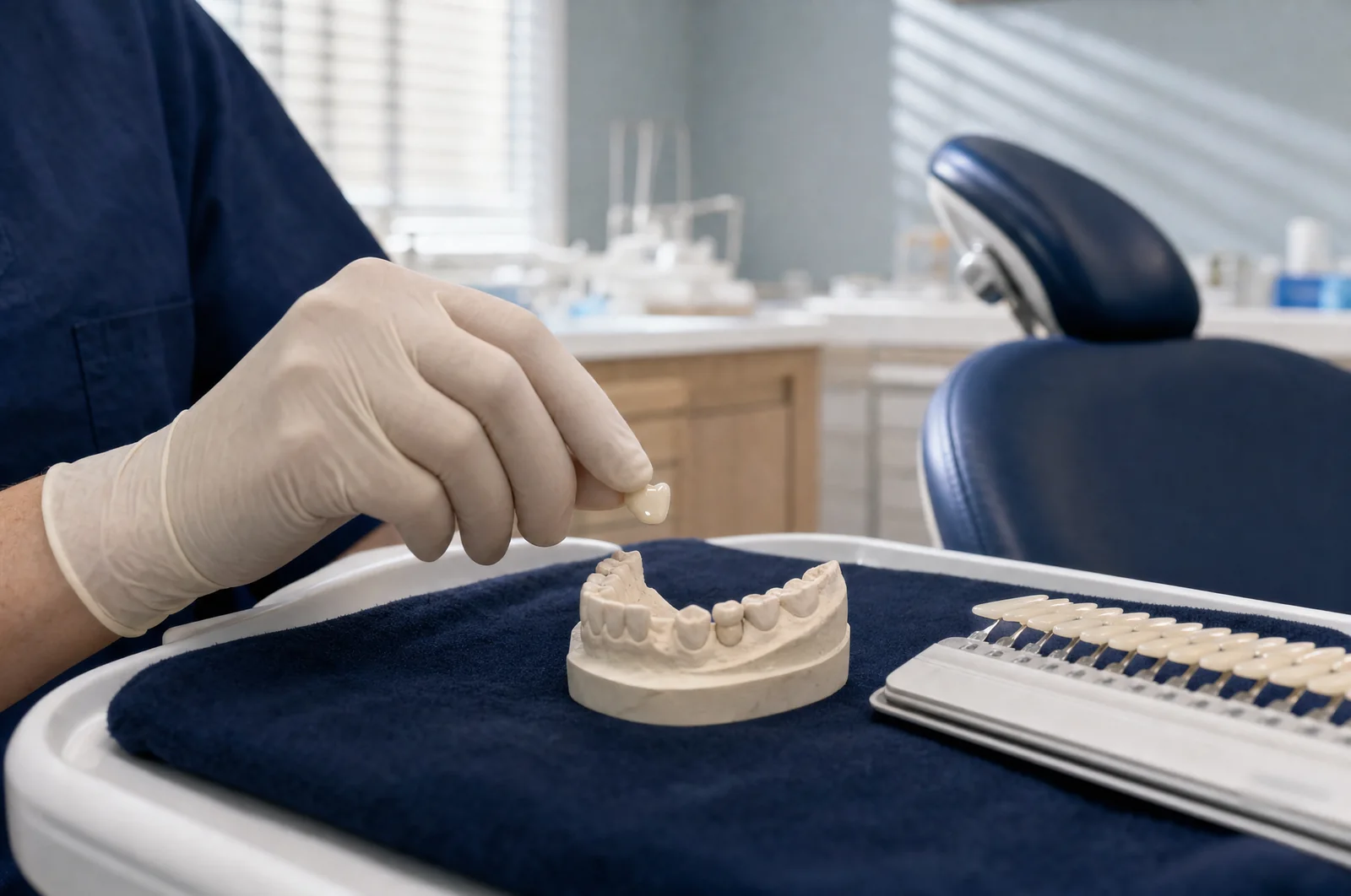 Illustrative close-up: a gloved hand holds a single tooth-coloured crown above a pale stone model of a lower jaw on a navy cloth, beside a fan of shade tabs.