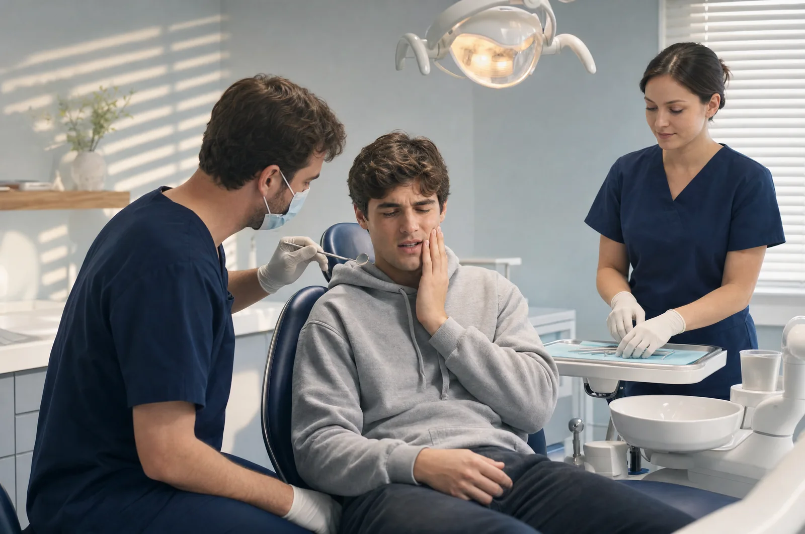 Illustrative scene: a young man in a grey hoodie holds his cheek in a dental chair while a masked dentist leans in with a mirror and a nurse prepares a tray.