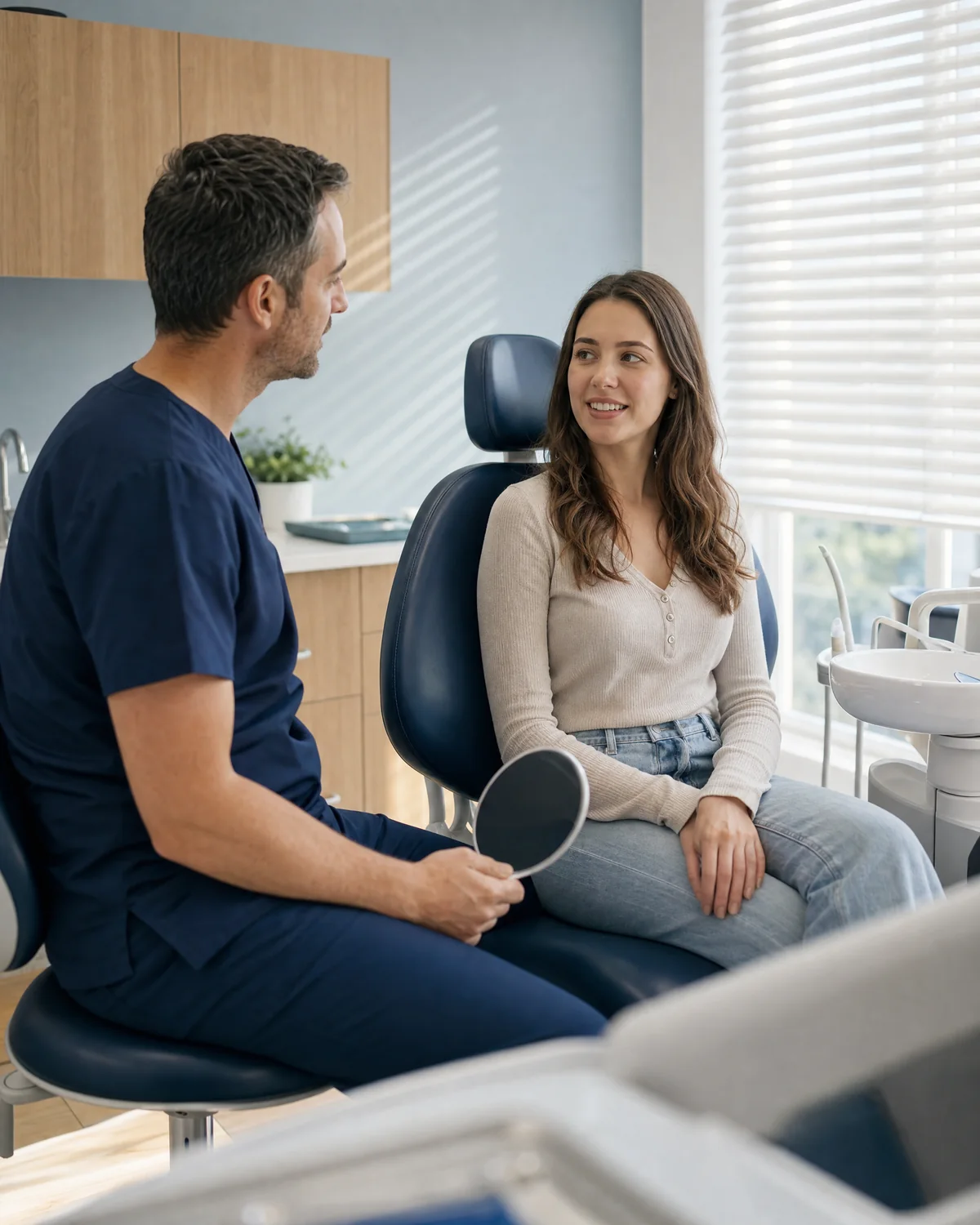 Illustrative scene: a dentist on a stool talks with a young woman sitting upright in a dental chair before a check-up.