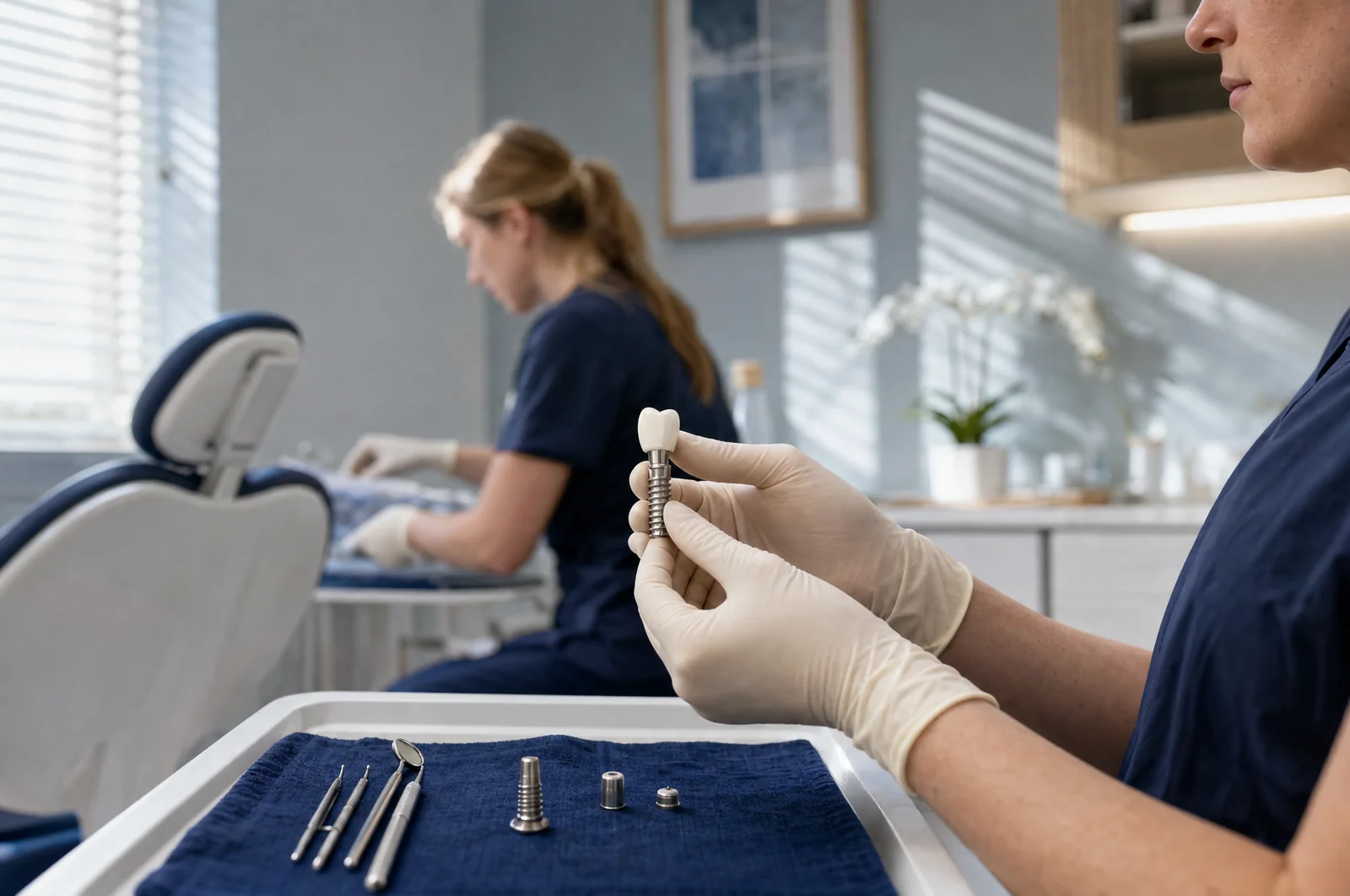 Illustrative scene: gloved hands hold a model dental implant, a threaded titanium post with a white crown, over instruments laid on a navy cloth.
