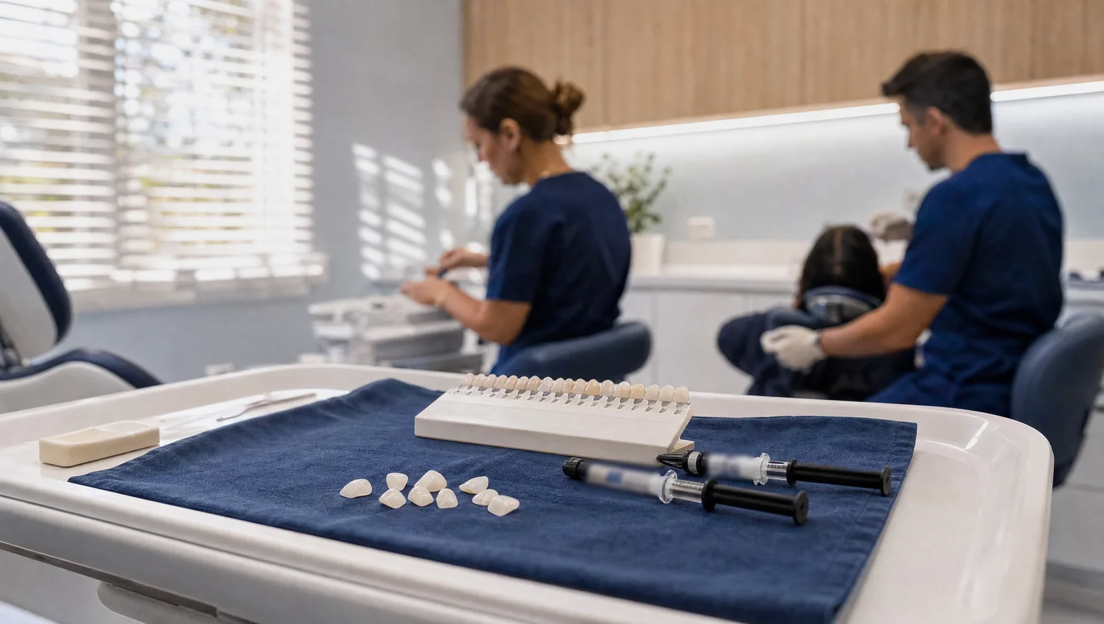 Illustrative scene: thin porcelain veneers, syringes of tooth-coloured resin and a shade guide on a white tray with a navy cloth.