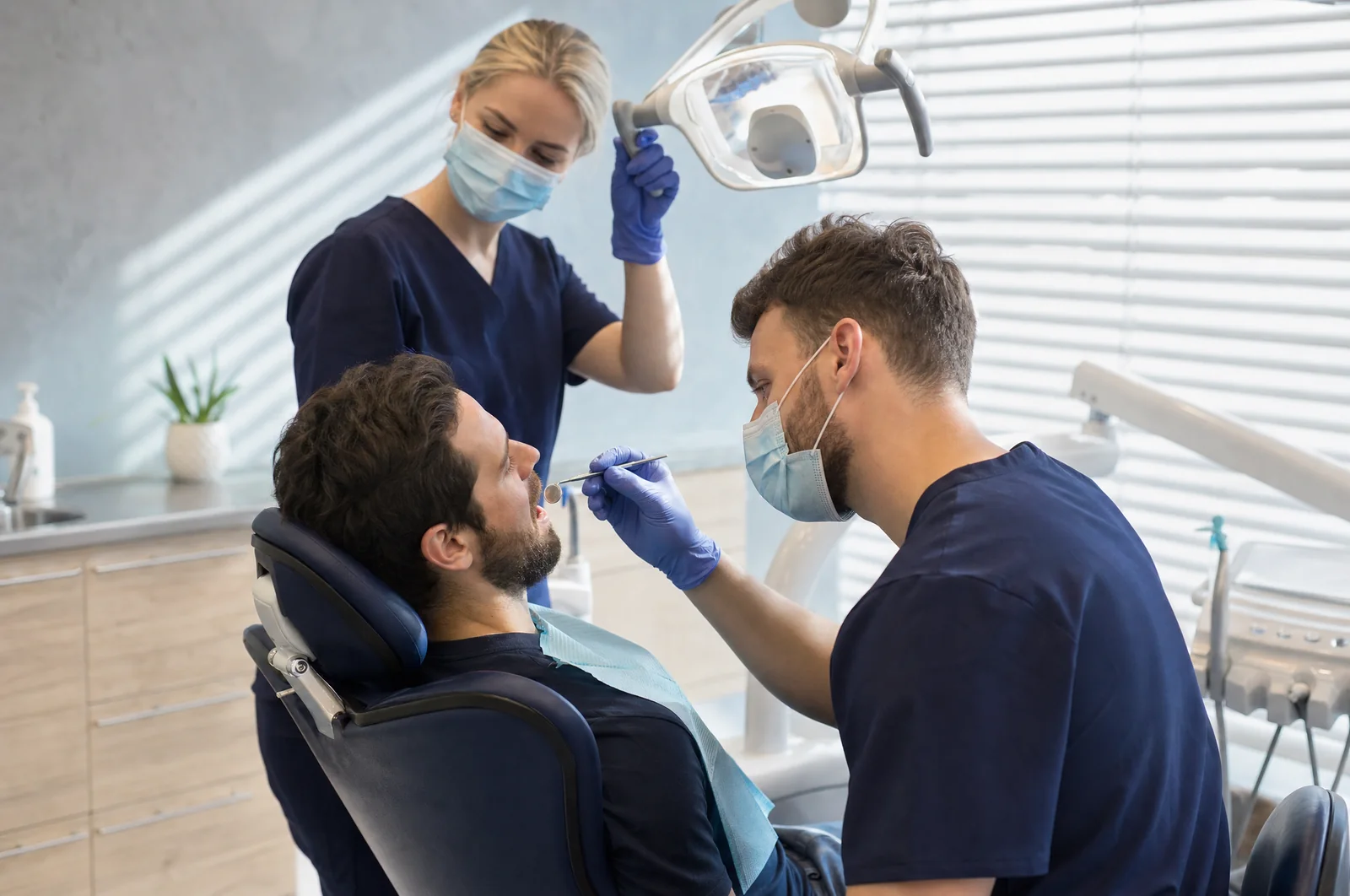 Illustrative scene: a masked dentist uses a small mirror to check the back teeth of a man reclining in a navy chair while a nurse adjusts the light.