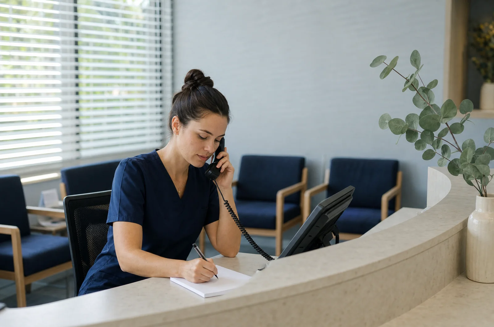 Illustrative scene: a team member in navy scrubs at a pale stone front desk talks on the phone and writes a note.