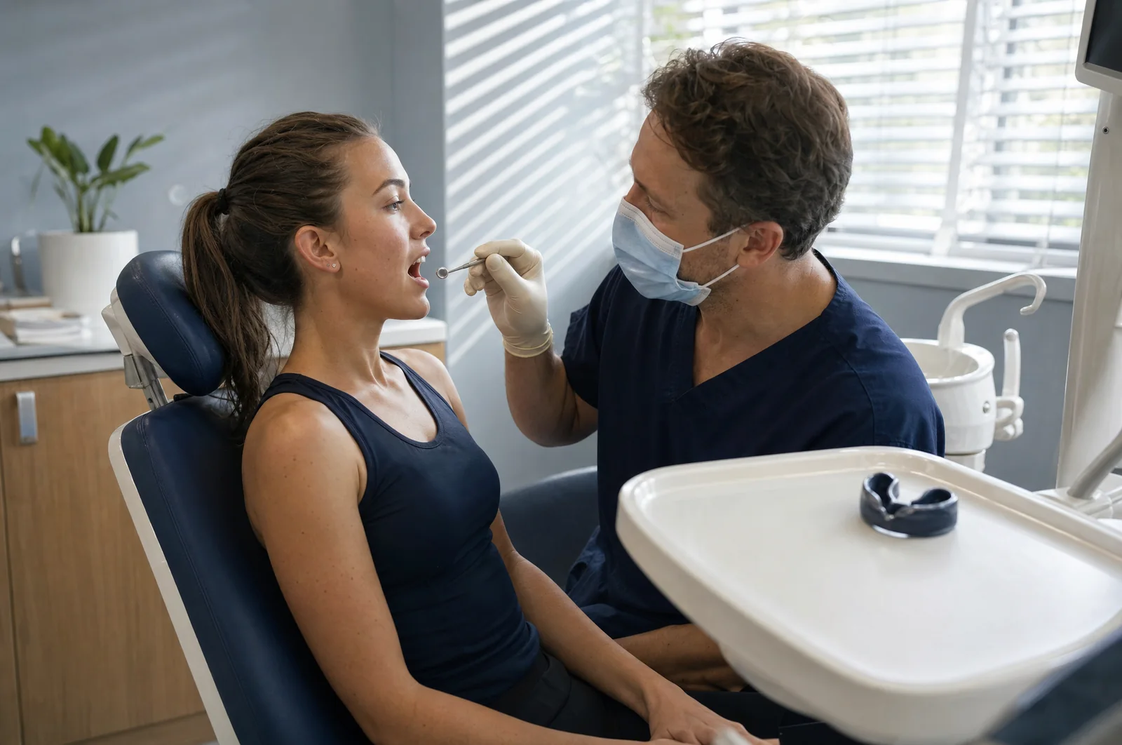 Illustrative scene: a masked dentist gently checks the front teeth of a young woman in sports clothes sitting upright in a dental chair.