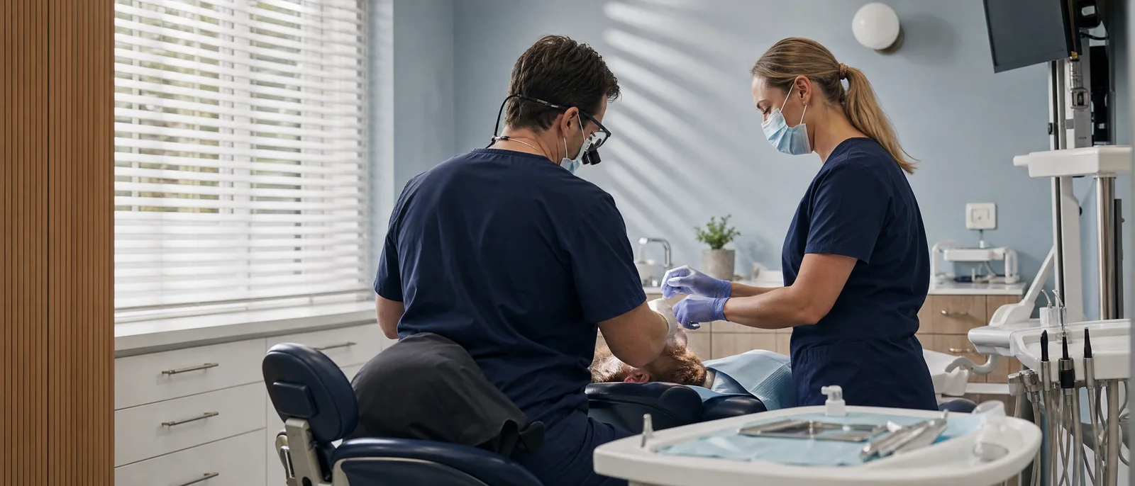 Illustrative scene: a dentist wearing magnifying loupes and a nurse, both masked and gloved, treat a patient in a navy chair beside a window with blinds.