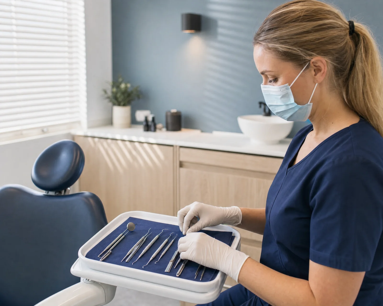 Illustrative scene: a masked nurse in navy scrubs lays out dental instruments in order on a navy cloth on the tray beside a dental chair.