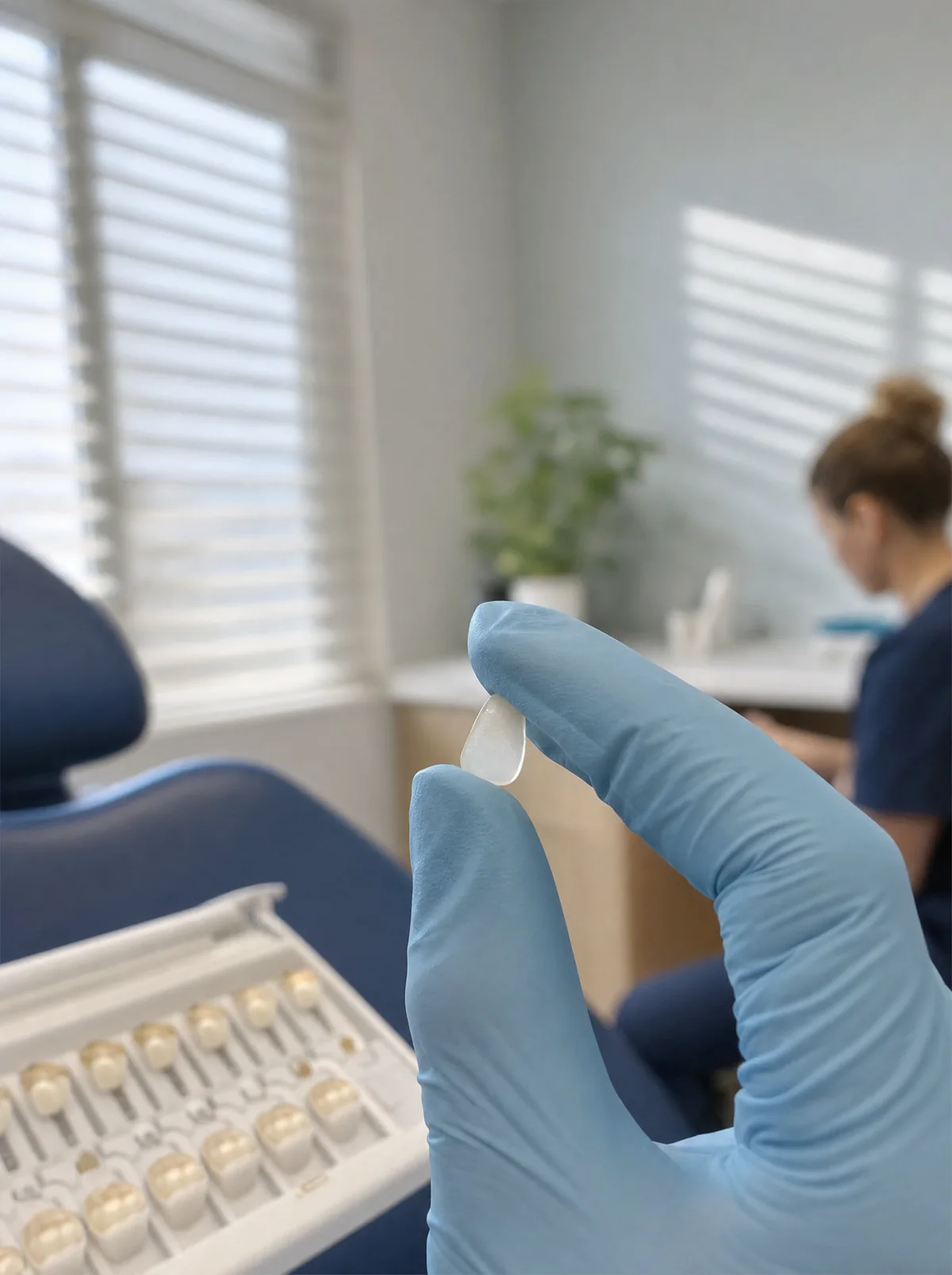 Illustrative close-up: gloved fingertips hold a single thin porcelain veneer up to the light, beside a tray of shade samples and a navy dental chair.