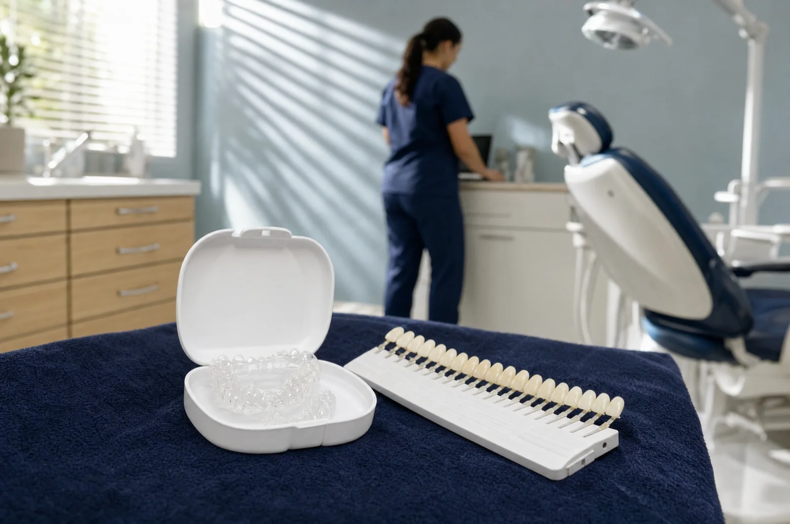 Illustrative scene: two clear custom whitening trays in an open white case beside a shade guide on a navy cloth, with a nurse working at a bench behind.
